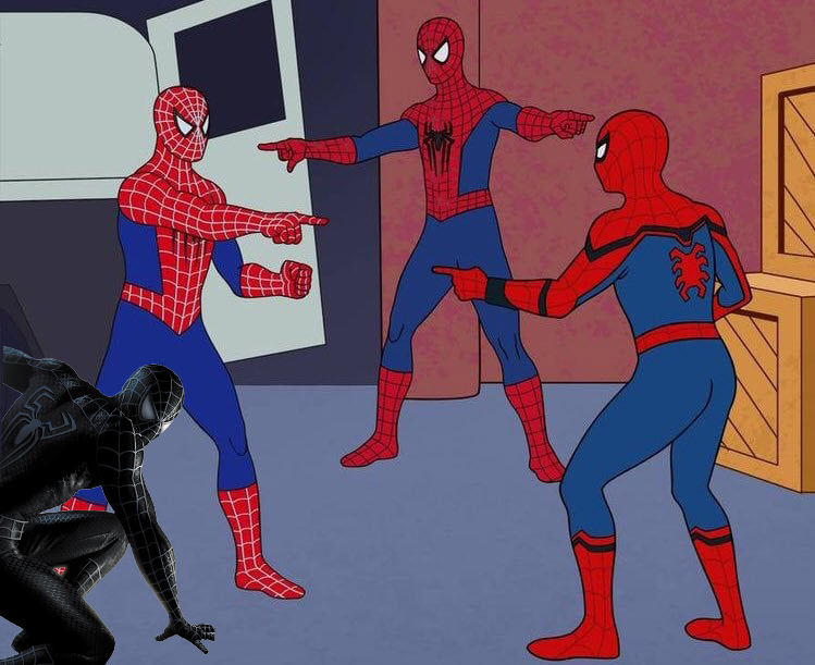 Момент из мультфильма «Человек-паук»; три человека одеты в одинаковые костюмы; и каждый утверждает, что является настоящим. К ним подкрался и чёрный.