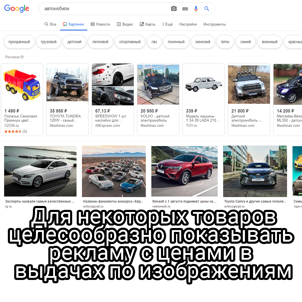 Скриншот объявлений в поисковой выдаче Google с фильтром «картинки»